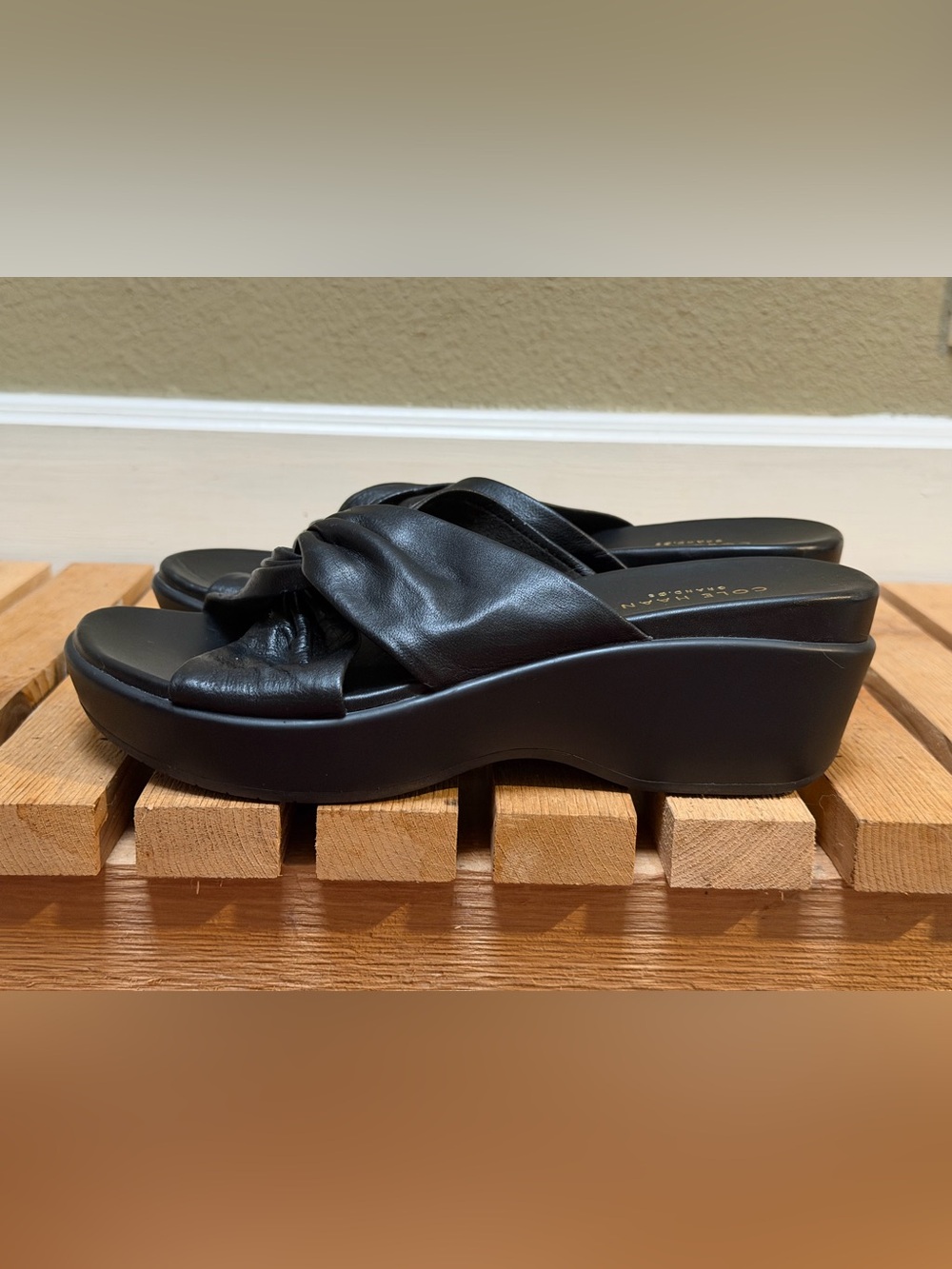 COLE HAAN ORIGINAL GRAND BLACK LEATHER PLATFORM KNOT SLIDE SANDALS EUC 6.5